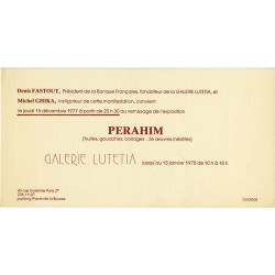 carton d'invitation pour l'exposition de Perahim à la  galerie Lutetia, à Paris, du 15 décembre 1977 au 13 janvier 1978