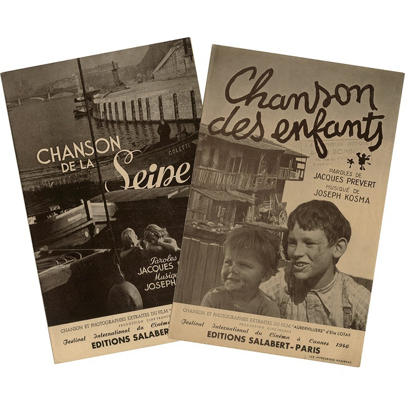 2 partitions de chansons du film "Aubervilliers" d'Elie Lotar, paroles de Jacques Prévert, musique de Kosma, éd. Salabert, 1946