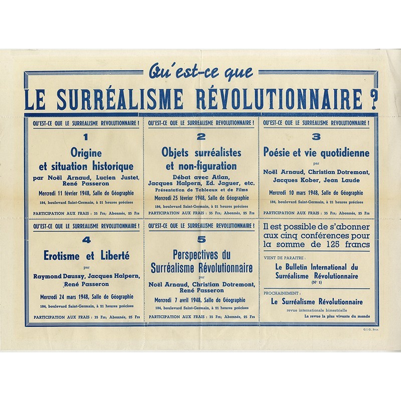 tract Qu'est-ce que le Surréalisme Révolutionnaire ?, Arnaud, Passeron, Atlan, Halpern, Jaguer,  Dotremont, Kober, 1948