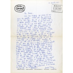 courrier de Michel Thévoz (Collection de l'Art Brut, Lausanne), à Jacques Dauchez (Fondation Jean Dubuffet), 1986-1987