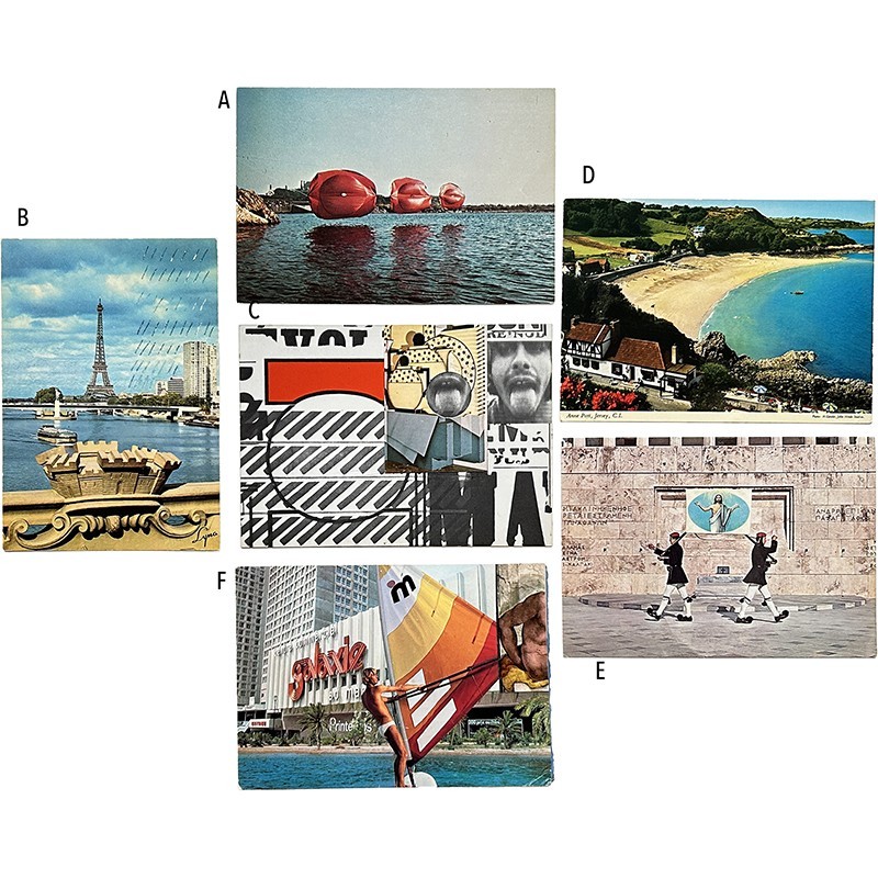 lot de 6 cartes postales envoyées par Arthur Aeschbacher à Jacques Damase (entre 1979 et 1981), avec collages