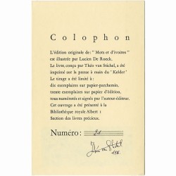 le livre "De mots et d'ivoires" , conçu par Théo van Stichel, a été imprimé sur la presse à main du "Kelder", 1985