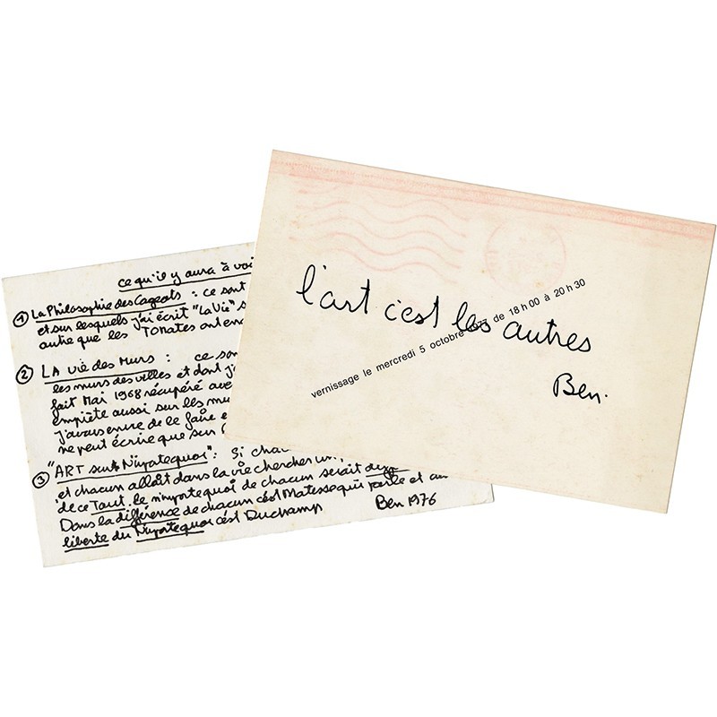 lot de 2 cartons d'invitation de Ben pour des expositions à la galerie Baudoin Lebon en 1976 et 1977, à Paris
