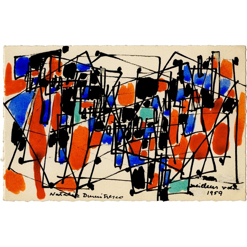 dessin original à l'encre de Chine (4 couleurs) de Natalia Dumitresco pour une carte de vœux en 1959