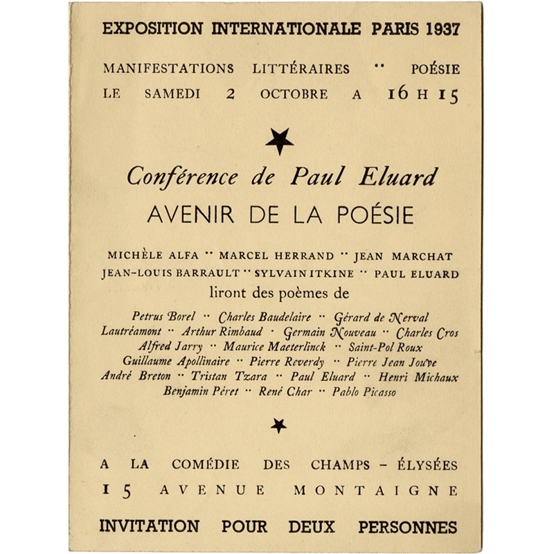 conférence de Paul Éluard "Avenir de la poésie", dans le cadre de l'exposition internationale de Paris, en 1937