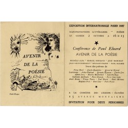invitation à la conférence de Paul Éluard "Avenir de la poésie", illustrée d'un dessin de Pablo Picasso
