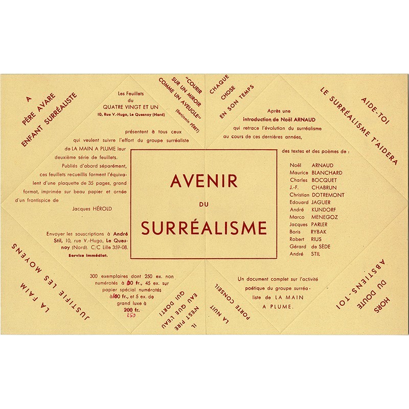 bulletin de souscription pour "Avenir du Surréalisme" édité par "Les feuillet du Quatre vingt et un",  1944