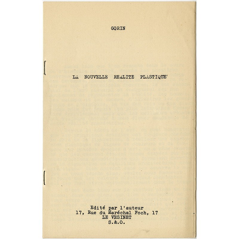 petit fascicule de 5 pages tapuscrites à la machine présentant la nouvelle réalité plastique selon Jean Gorin, 1939