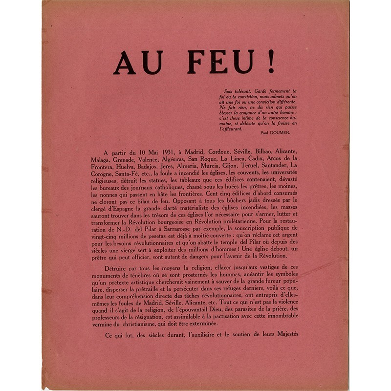 "Au feu" tract de Louis Aragon et André Thirion au sujet des incendies d'églises et de couvents en Espagne en 1931