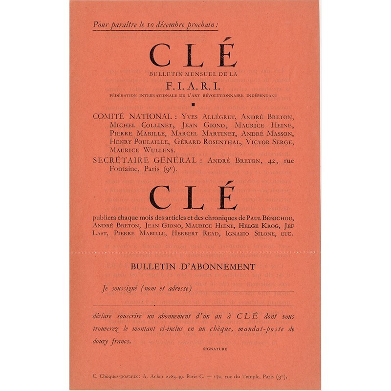 bulletin d'abonnement pour CLÉ le bulletin de la F.I.A.R.I , créée par André Breton, 1939