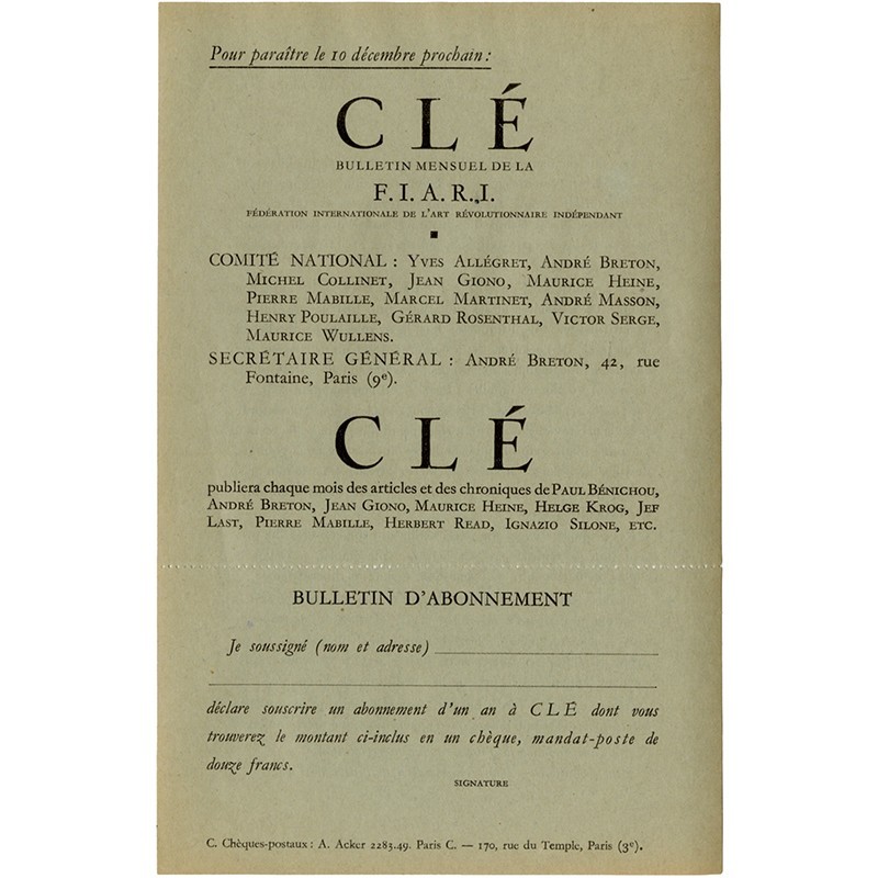 bulletin d'abonnement pour CLÉ le bulletin de la F.I.A.R.I , créée par André Breton, 1939