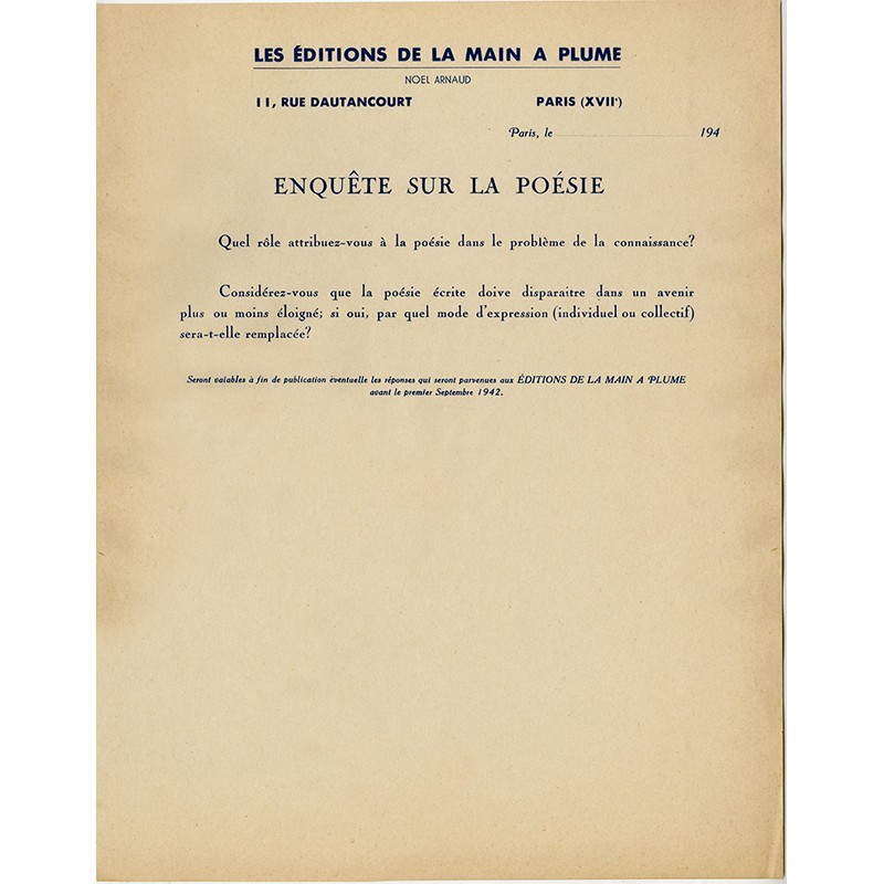 Enquête sur la poésie, questionnaire des éditions de La Main à plume en 1942