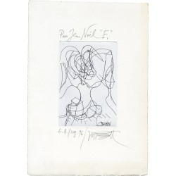 E.A. d'une gravure de Wolf Vostell, envoyée pour ses voeux en décembre 1996, signée et dédicacée au crayon