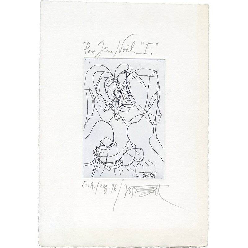 E.A. d'une gravure de Wolf Vostell, envoyée pour ses voeux en décembre 1996, signée et dédicacée au crayon
