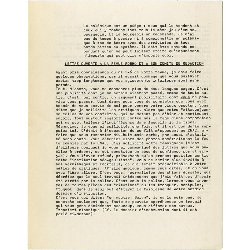 tract "Lettre ouverte à la revue Robho et à son comité de rédaction", Daniel Buren, 25 juin 1971