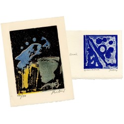 lot de 2 gravures sur bois, signées et numérotées, pour des cartes de vœux, de Stéphane Kilar en 2013 et 2015