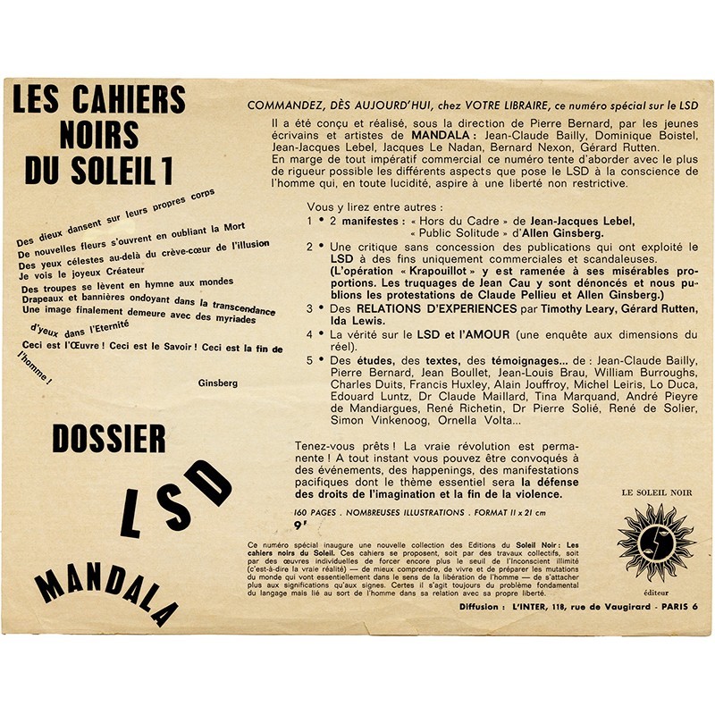 flyer annonçant la parution d'une nouvelle collection des Éditions du Soleil Noir : Les cahiers noirs du Soleil 1 : LSD Mandala