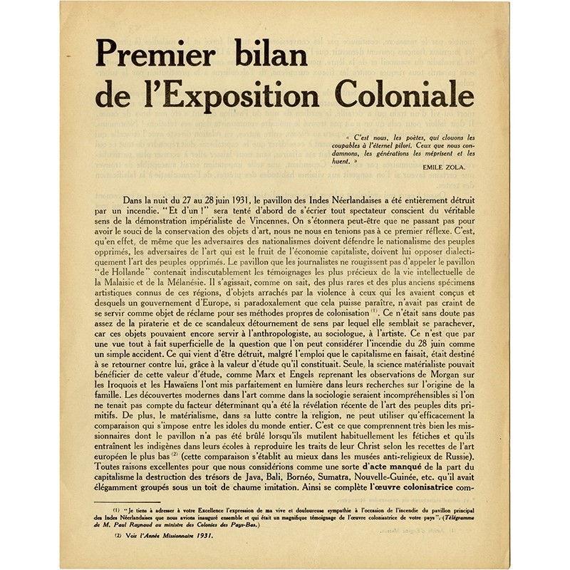 tract surréaliste : Premier bilan de l'Exposition coloniale,  1931, Aragon, Breton, Tanguy, Crevel, Malkine, Unik, Eluard