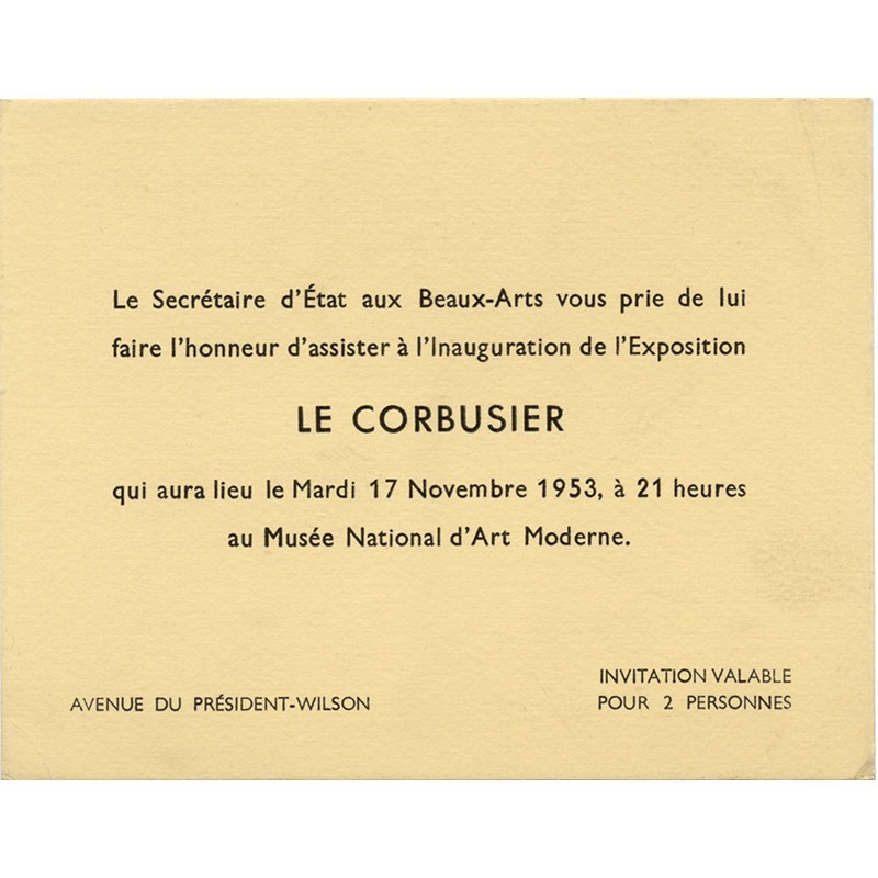 invitation au vernissage de l'exposition de Le Corbusier au Musée national d'Art moderne, le mardi 17 novembre 1953