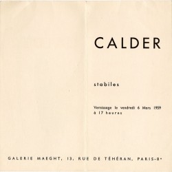 invitation au vernissage de l'exposition d'Alexander Calder "Stabiles" à la galerie Maeght, à Paris, le vendredi 6 mars 1959