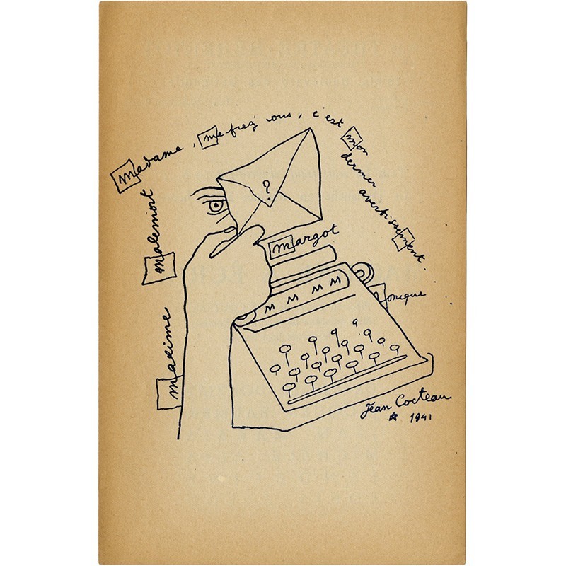 dessin de Jean Cocteau pour l'annonce de sa pièce de théâtre "La machine à écrire", au Théâtre Hébertot, à Paris, 1941