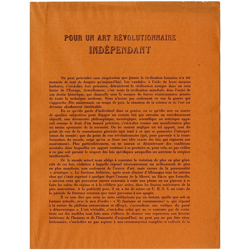 Pour un art révolutionnaire indépendant, manifeste d'André Breton et Diego Rivera, Mexico, juillet 1938