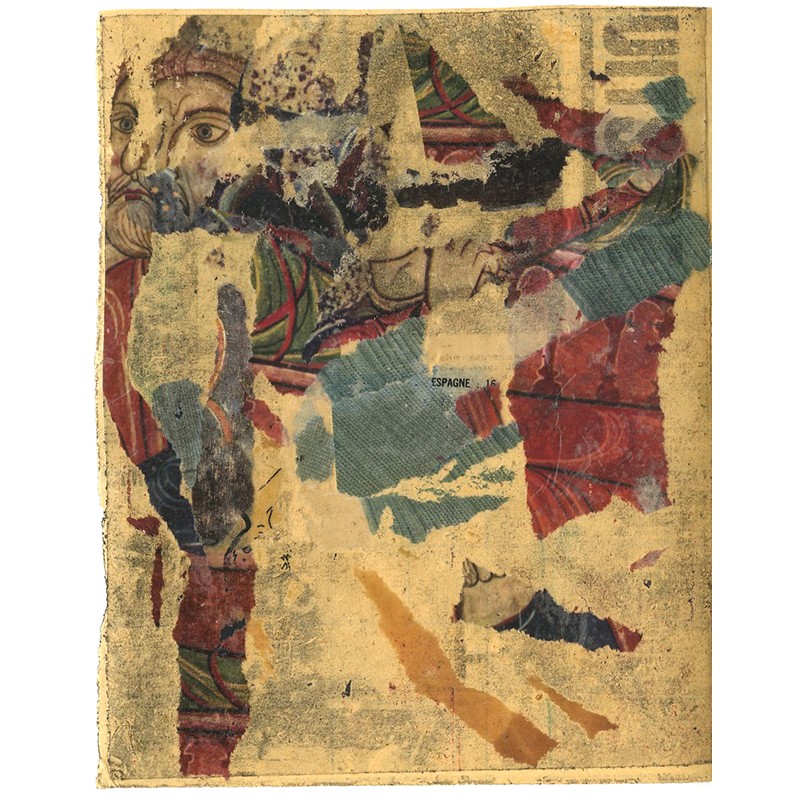 collage de Yolande Fièvre, éléments déchirés collés entre une feuille de papier adhésif