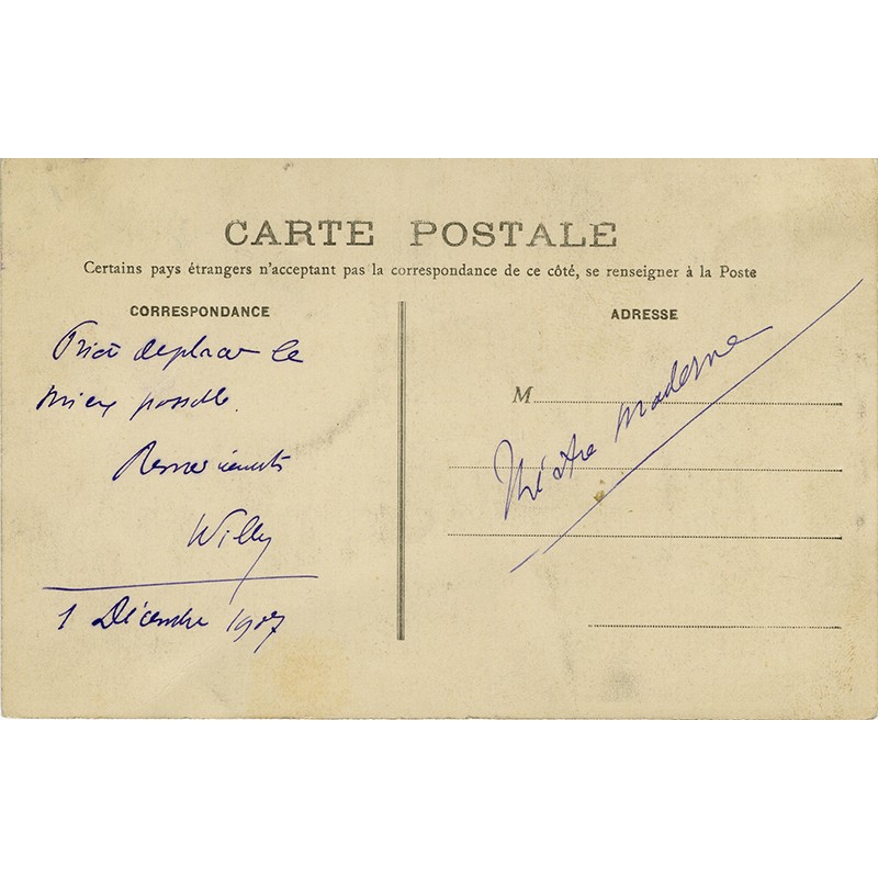 carte postale autographe de Willy, décembre 1907