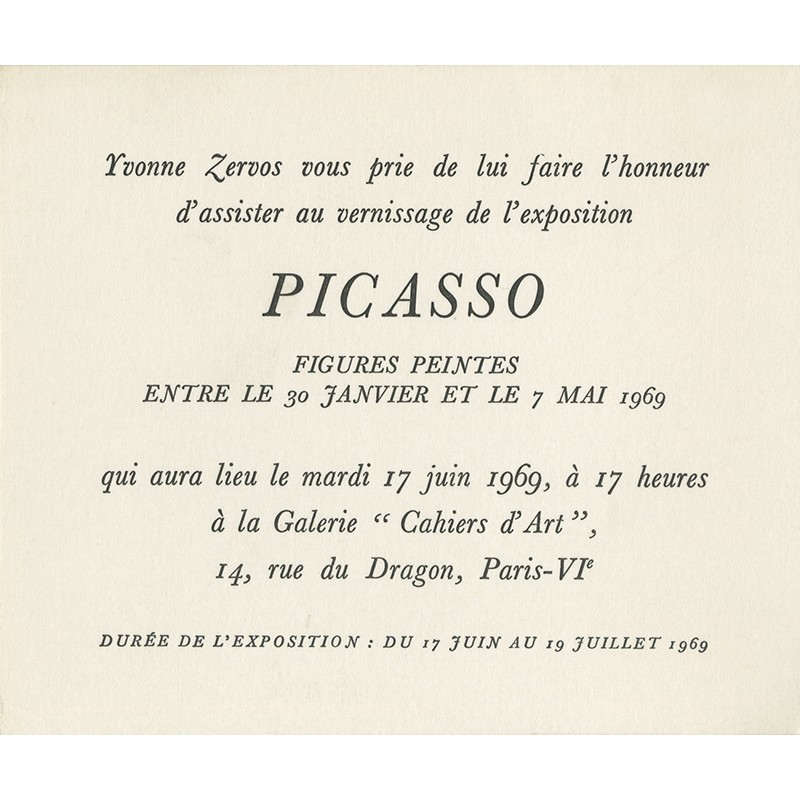 invitation d'Yvonne Zervos  pour l'exposition de Picasso, galerie Cahiers d'Art, Paris, 1969