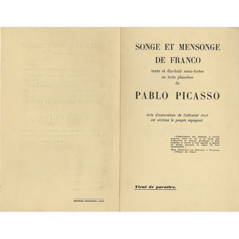 bulletin de souscription pour l'ouvrage "Songe et mensonge" de Franco" textes et eaux-fortes de Picasso bulletin de souscription pour l'ouvrage "Songe et mensonge" de Franco" textes et eaux-fortes de Picasso