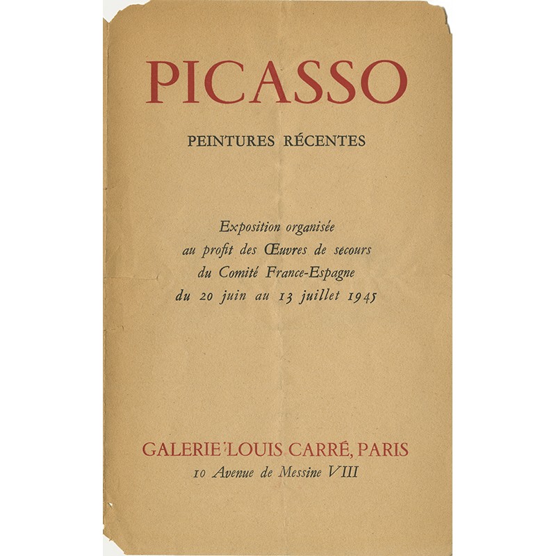 feuillet/catalogue de l'exposition de Pablo Picasso à la galerie Louis Carré, 1945 feuillet/catalogue de l'exposition de Pablo Picasso à la galerie Louis Carré, 1945