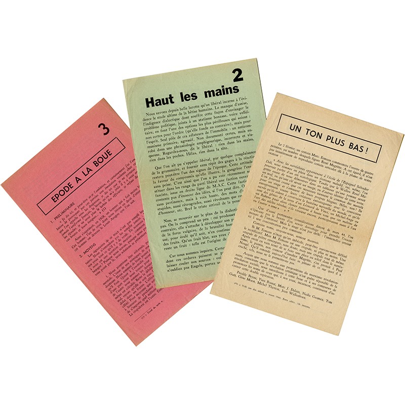 Tom Gutt, ensemble de 3 tracts : "Un ton plus bas !" (1962) "Haut les mains" et "Épode à la boue" (1963)
