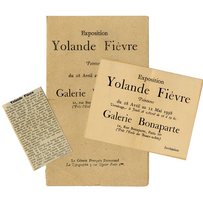 lot de documents (carton d'invitation, plaquette, article de presse) exposition de Yolande Fièvre, galerie Bonaparte,  1938