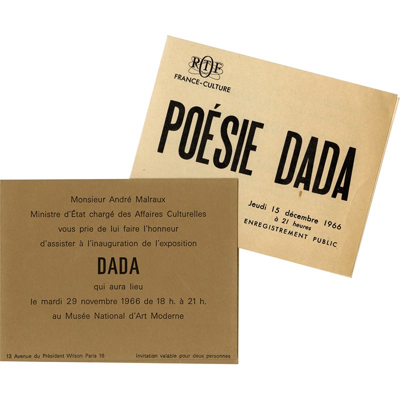 carton d'invitation  à l'inauguration de l'exposition DADA, au Musée national d'Art moderne, 1966