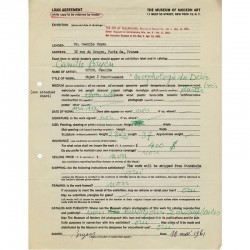 Loan agreement (fiche de prêt) du Museum of Modern Art, rempli et signé par Camille Bryen le 18 mai 1961