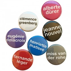 Dürer, Greenberg, Nouvel, Matisse, Delacroix, Van Der Rohe, Léger : lot de 7 badges "portraits" d'Agnès Thurnauer