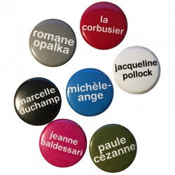 Baldessari, Pollock, Michel-Ange, Duchamp, Cézanne, Opalka, Le Corbusier : lot de 7 badges "portraits" d'Agnès Thurnauer