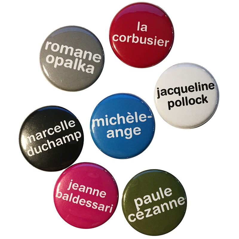 Baldessari, Pollock, Michel-Ange, Duchamp, Cézanne, Opalka, Le Corbusier : lot de 7 badges "portraits" d'Agnès Thurnauer