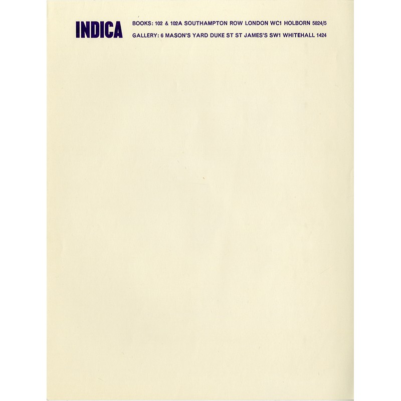 Papier à lettres de la libraire galerie Indica, de Barry Miles et John Dunbar