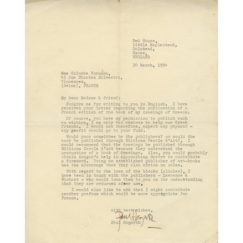 courrier de Paul Hogarth à Colombe Voronca, 30 mars 1954