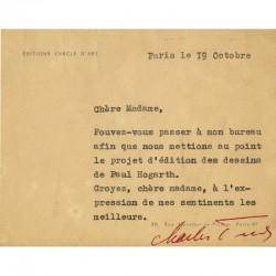 courrier de Charles Feld, directeur des édition du Cercle d'Art, à Colombe Voronca, 19 octobre 1954