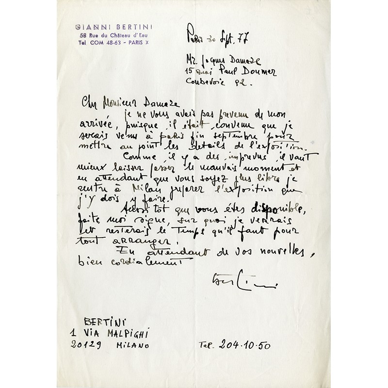 courrier manuscrit de Gianni Bertini adressé à Jacques Damase, 1977