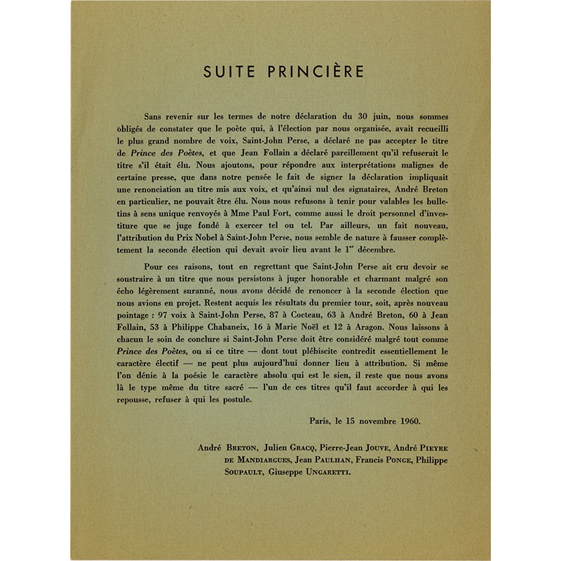 Tract surréaliste,  "Suite princière" au sujet de l'élection du "prince des poètes" 1960