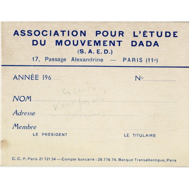carte de membre de l'Association Internationale pour l'étude de Dada datant des années soixante